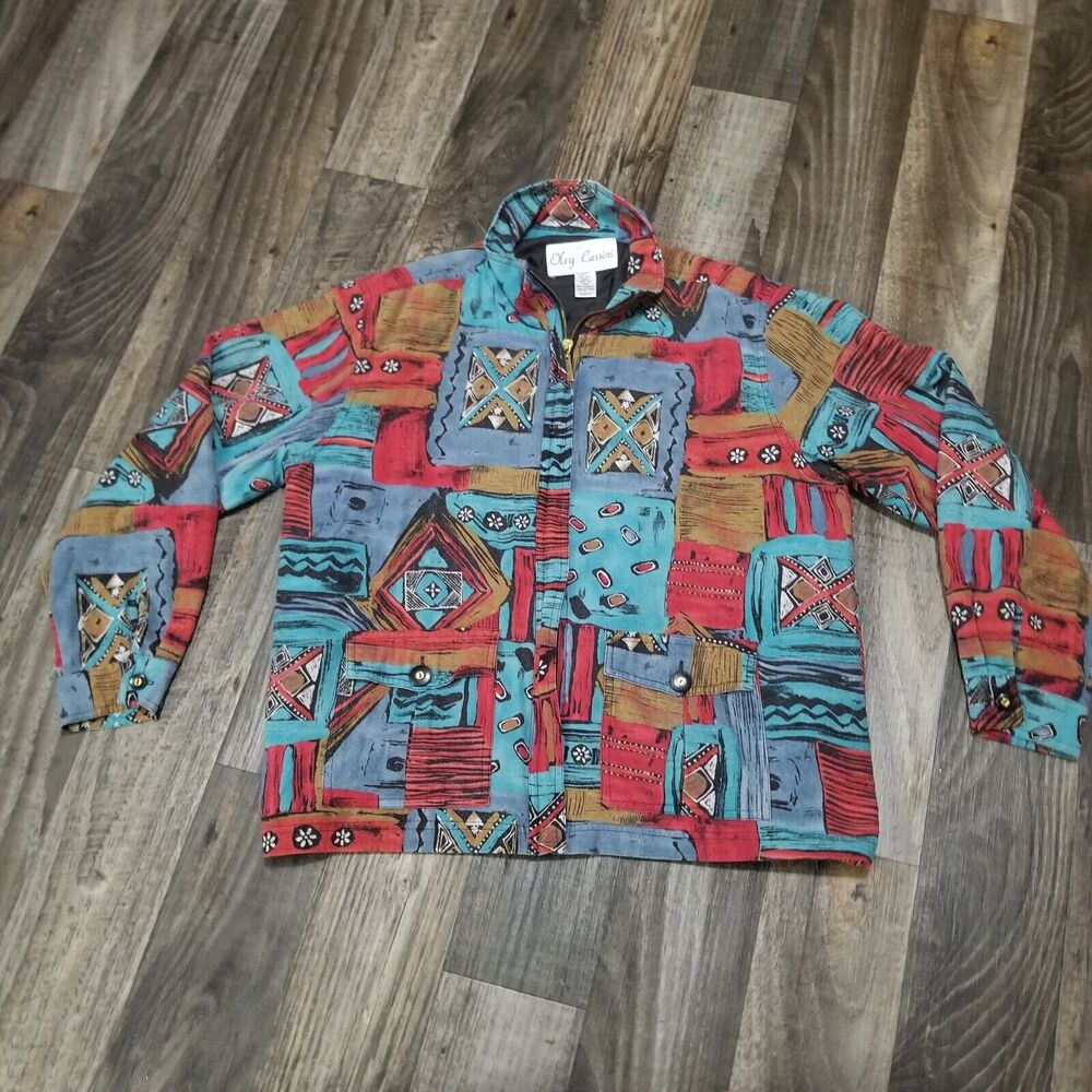 VTG Oleg Cassini Geometric 100% Silk Zip-up Jacket 90s Womens L